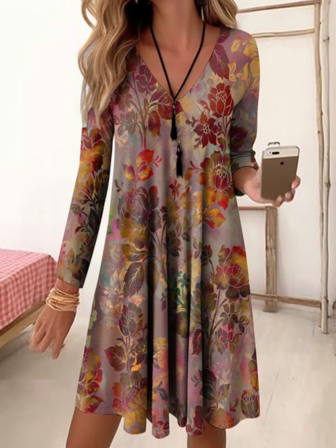 Stylish Knitted Graphic Print Casual A-line Knee Length V Neck Long Sleeve Dresses