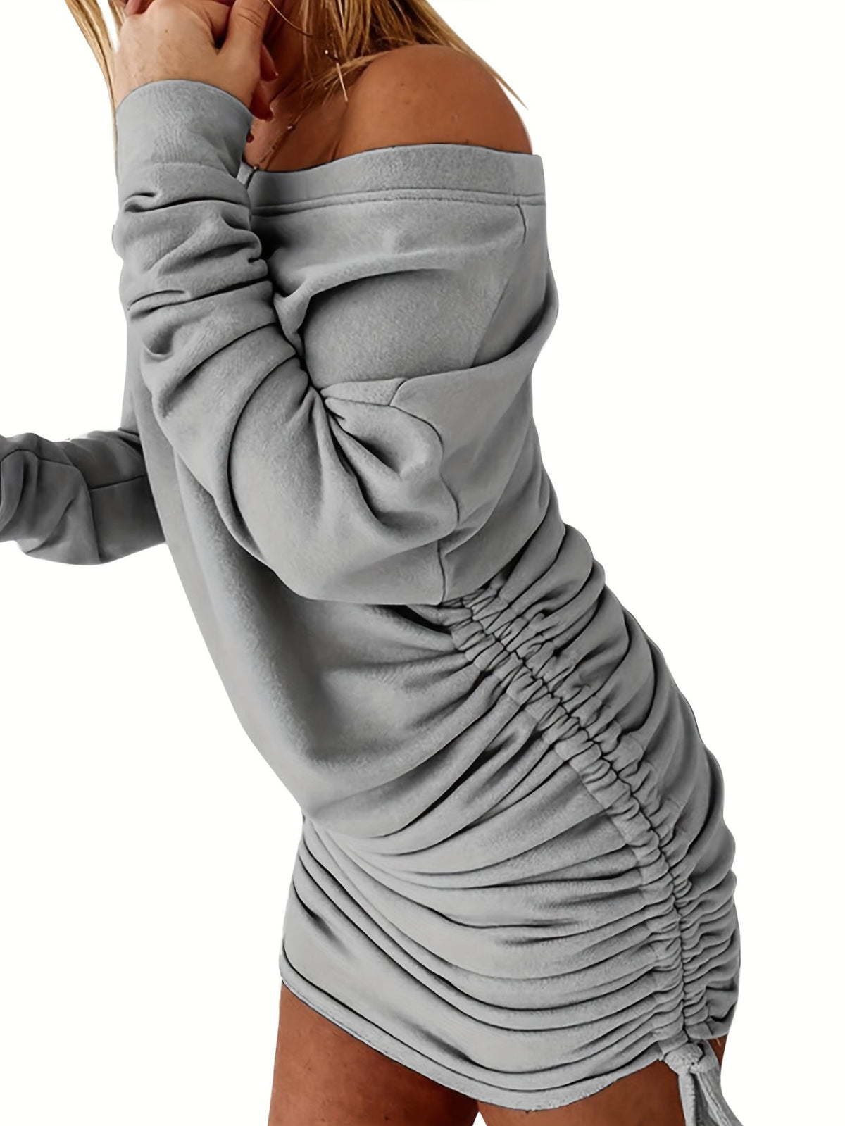 Solid Drawstring Pullover Sweatshirt Dress, Casual Ruched Long Sleeve Sweatshirt Dress