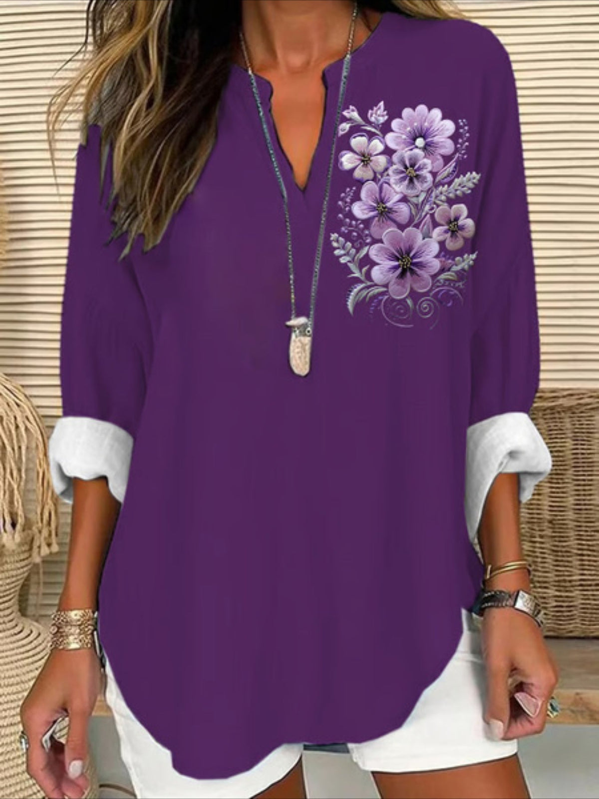 Abstract Long Sleeve Blouse Spring/Fall Printing V Neck Daily Casual Top