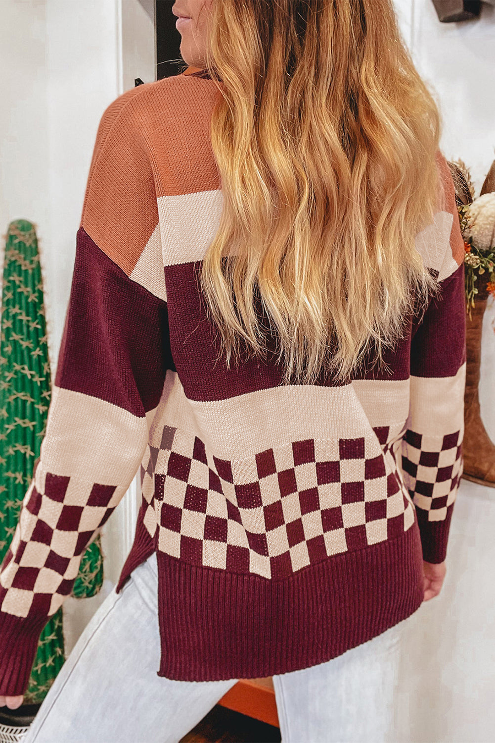 Brown Checkered Color Block Knitted Drop Shoulder Sweater