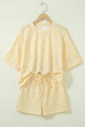 Yellow Polka Dot Short Sleeve Loose Top Drawstring Shorts Set