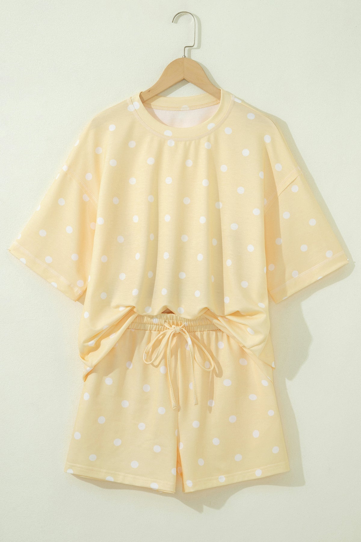 Yellow Polka Dot Short Sleeve Loose Top Drawstring Shorts Set
