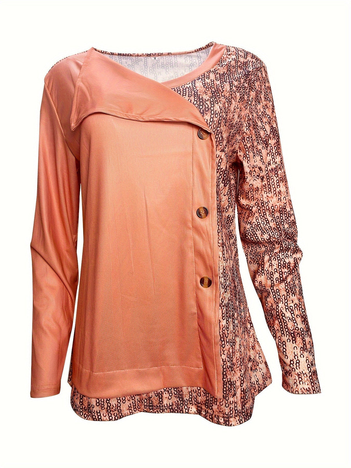 Sequined Button Decor V-neck Splicing T-Shirt, Casual Long Sleeve T-Shirt