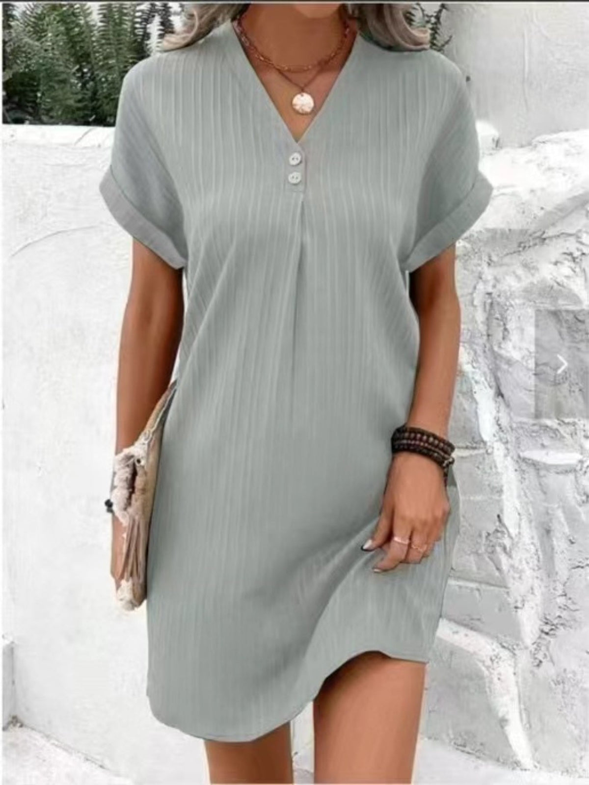 Button Decor V Neck Dress, Elegant Short Sleeve Dress