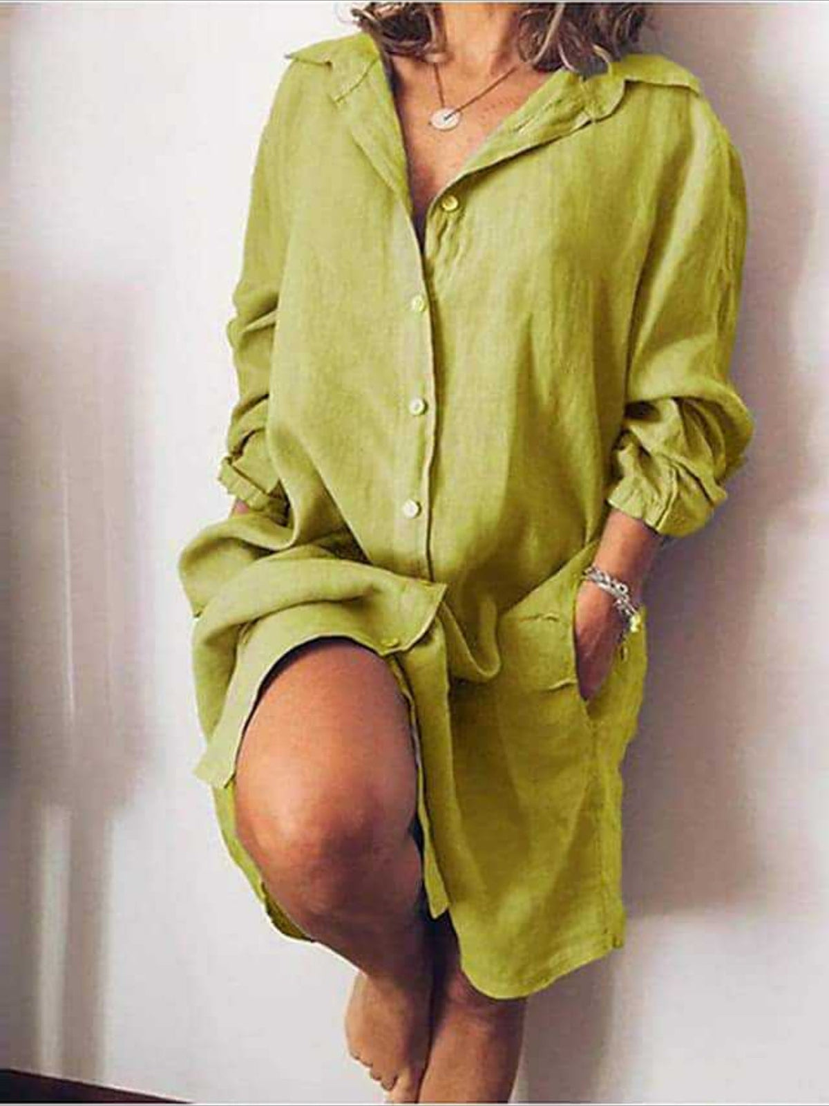 Button Front Solid Shirt Dress, Casual Long Sleeve Long Length Dress