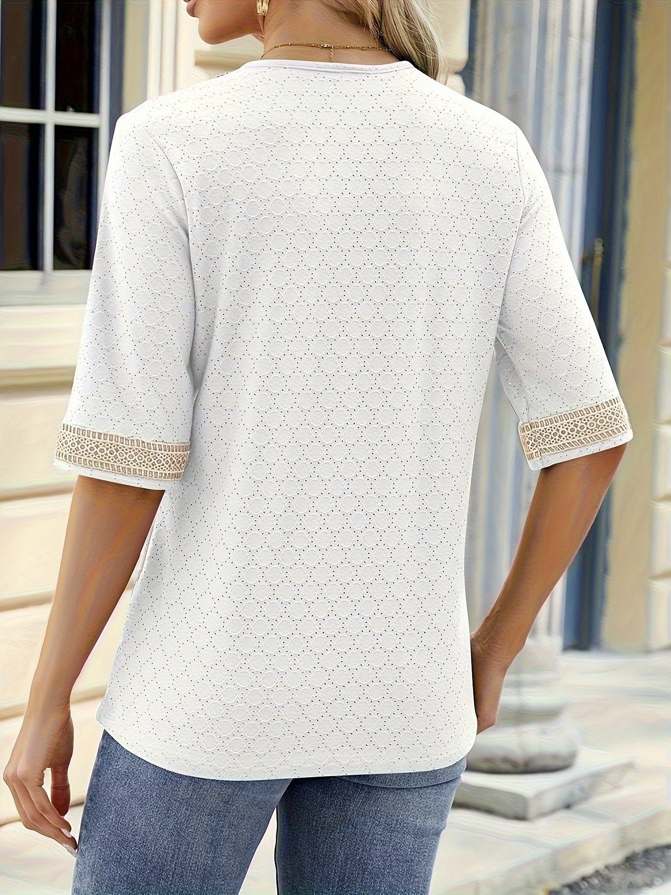 Guipure Lace V-neck Eyelet T-Shirt, Vintage Half Sleeve Loose T-Shirt