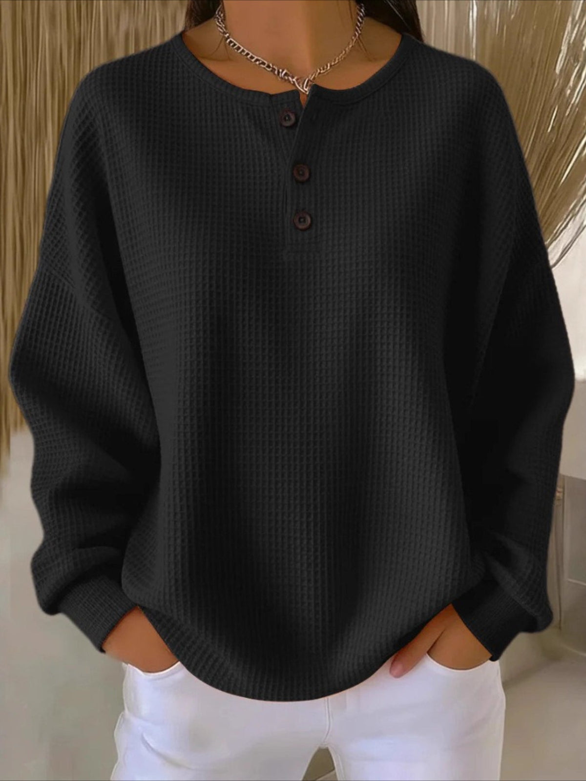Solid Color Ribbed V Neck Braided Print Long Sleeve Regular Tops
