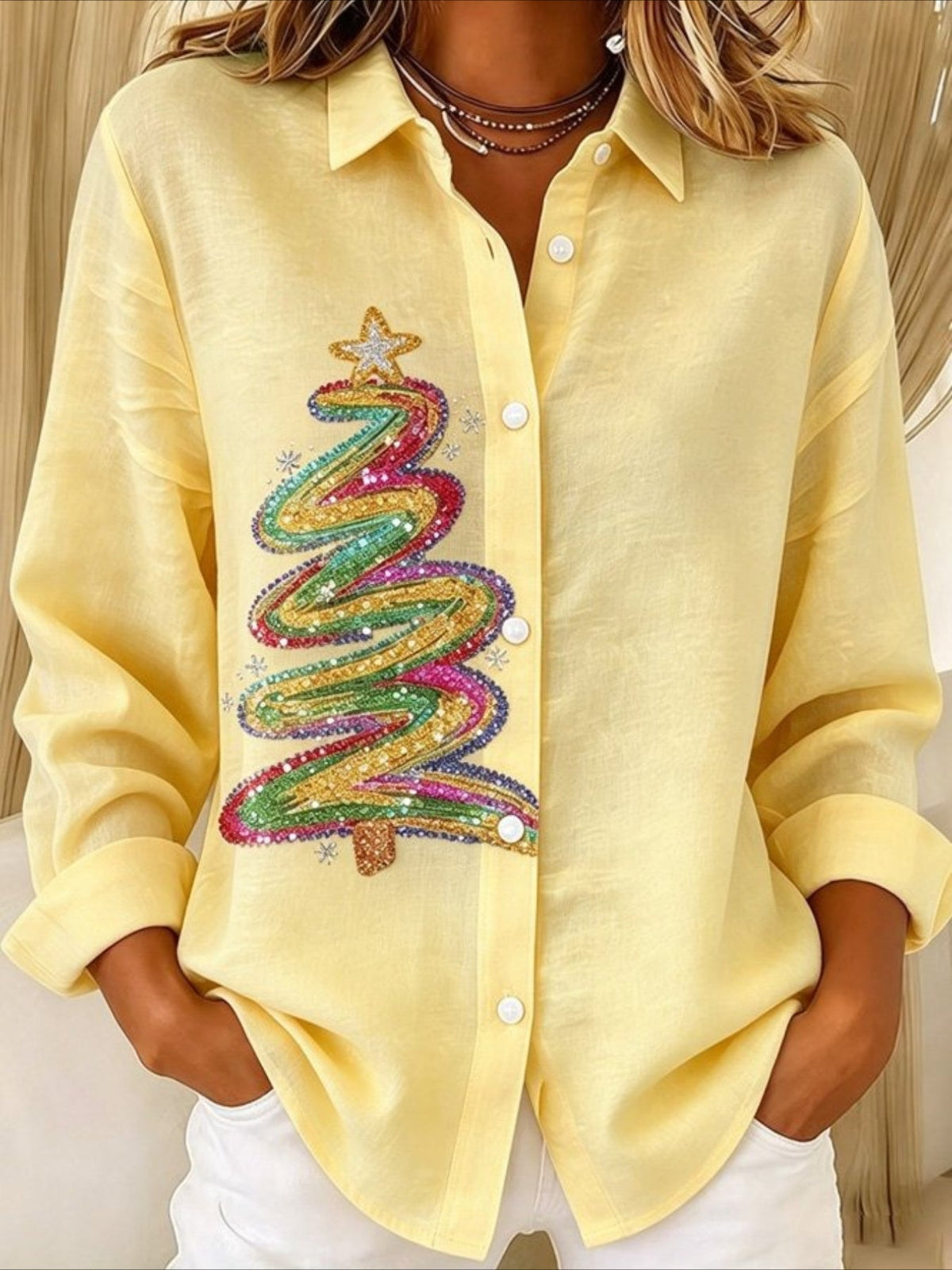Christmas Patterns Long Sleeve Plain Regular Micro-Elasticity Regular Fit Shirt