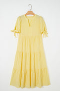 Yellow Gingham Textured Bow Tie Short Sleeve Tiered Midi Dress