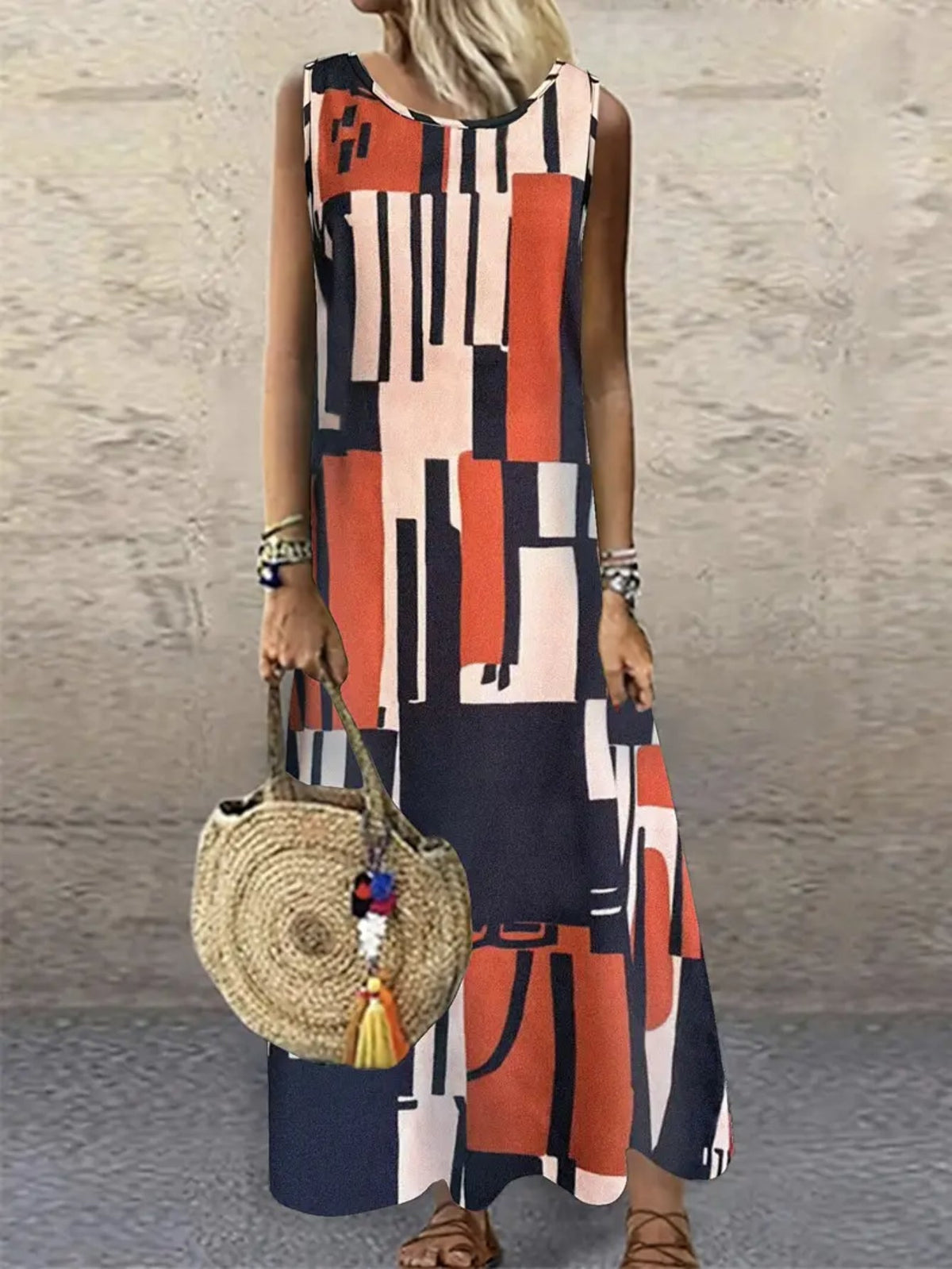Plant Print Crew Neck Tank Dress, Casual Sleeveless A-line Tank Dress