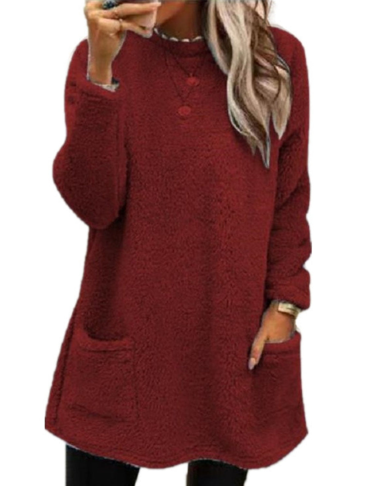 Solid Color Pullover Teddy Sweatshirt, Casual Long Sleeve Crew Neck Dual Pockets Sweatshirt