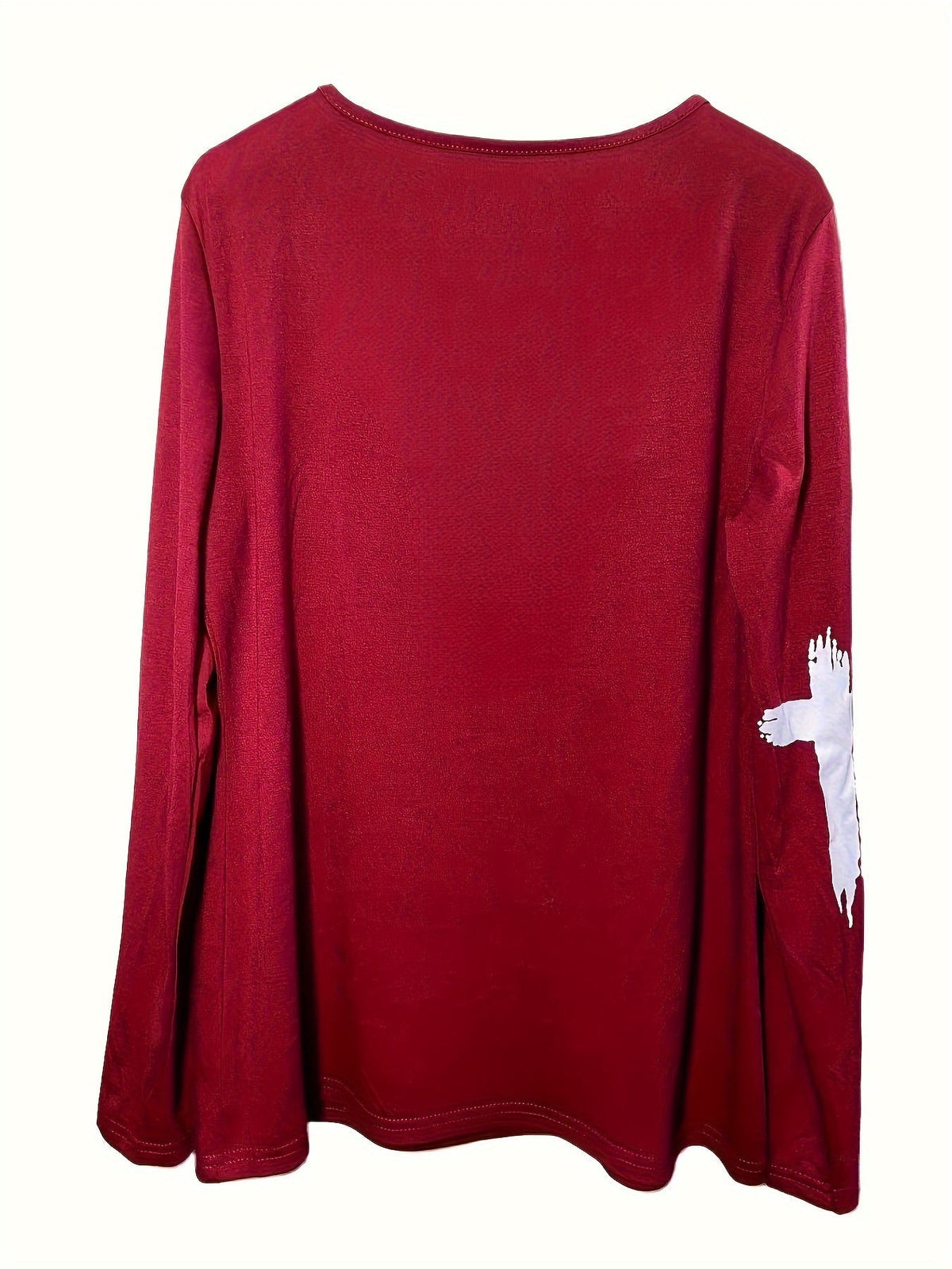 Cross & Letter Print Crew Neck T-Shirt, Casual Long Sleeve Top