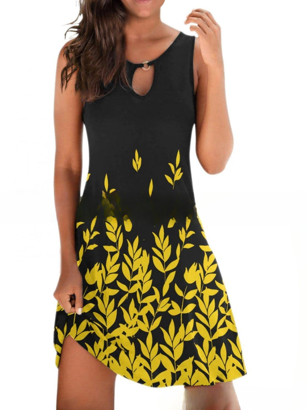 Floral Print Ring Decor Tank Dress, Casual Sleeveless Dress
