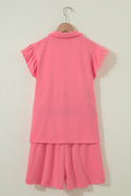 Coral Paradise Half Zipped Ruffled Short Set