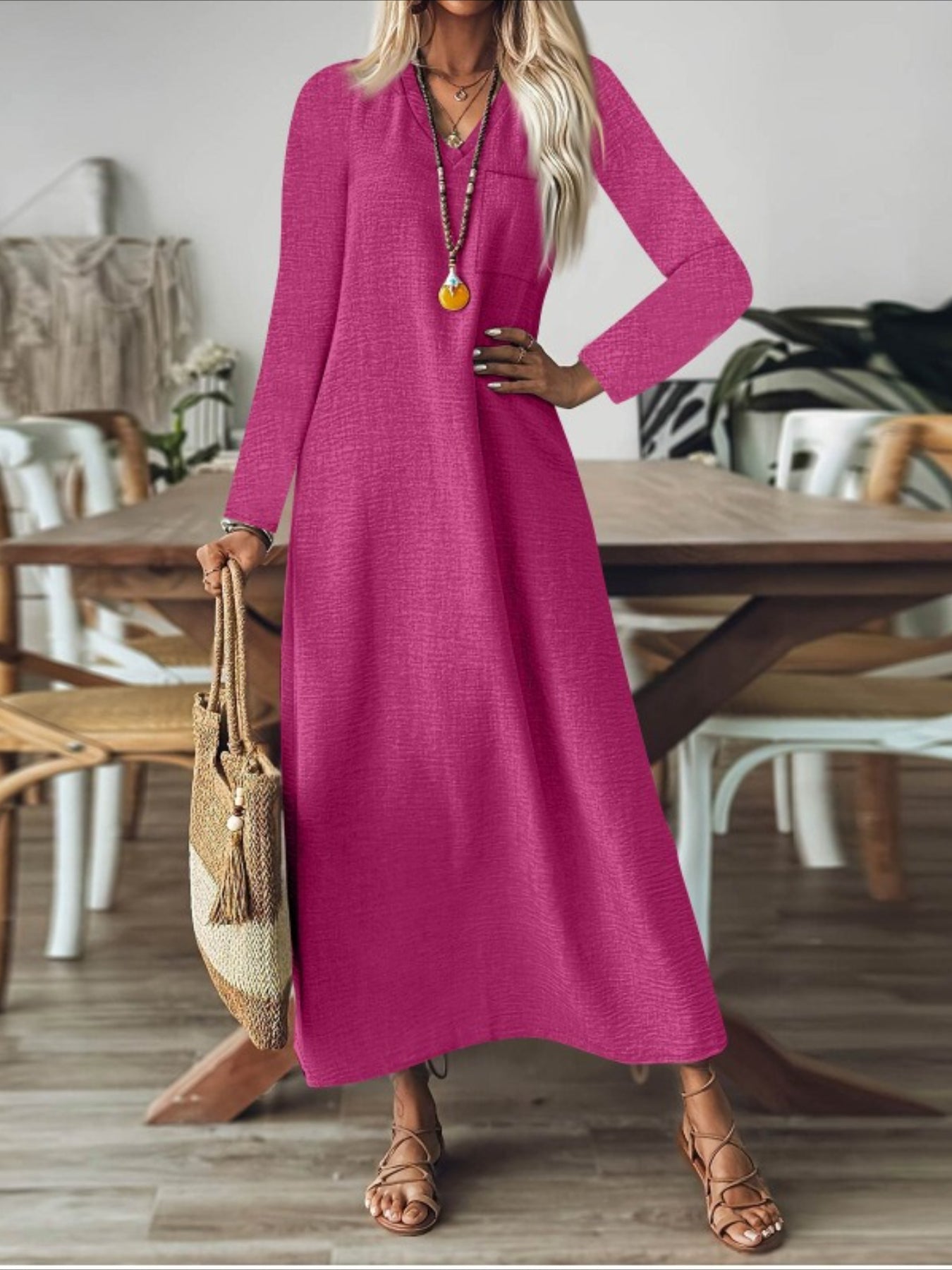 Back Zipper Solid Color Long Sleeve Cotton and Linen Dress