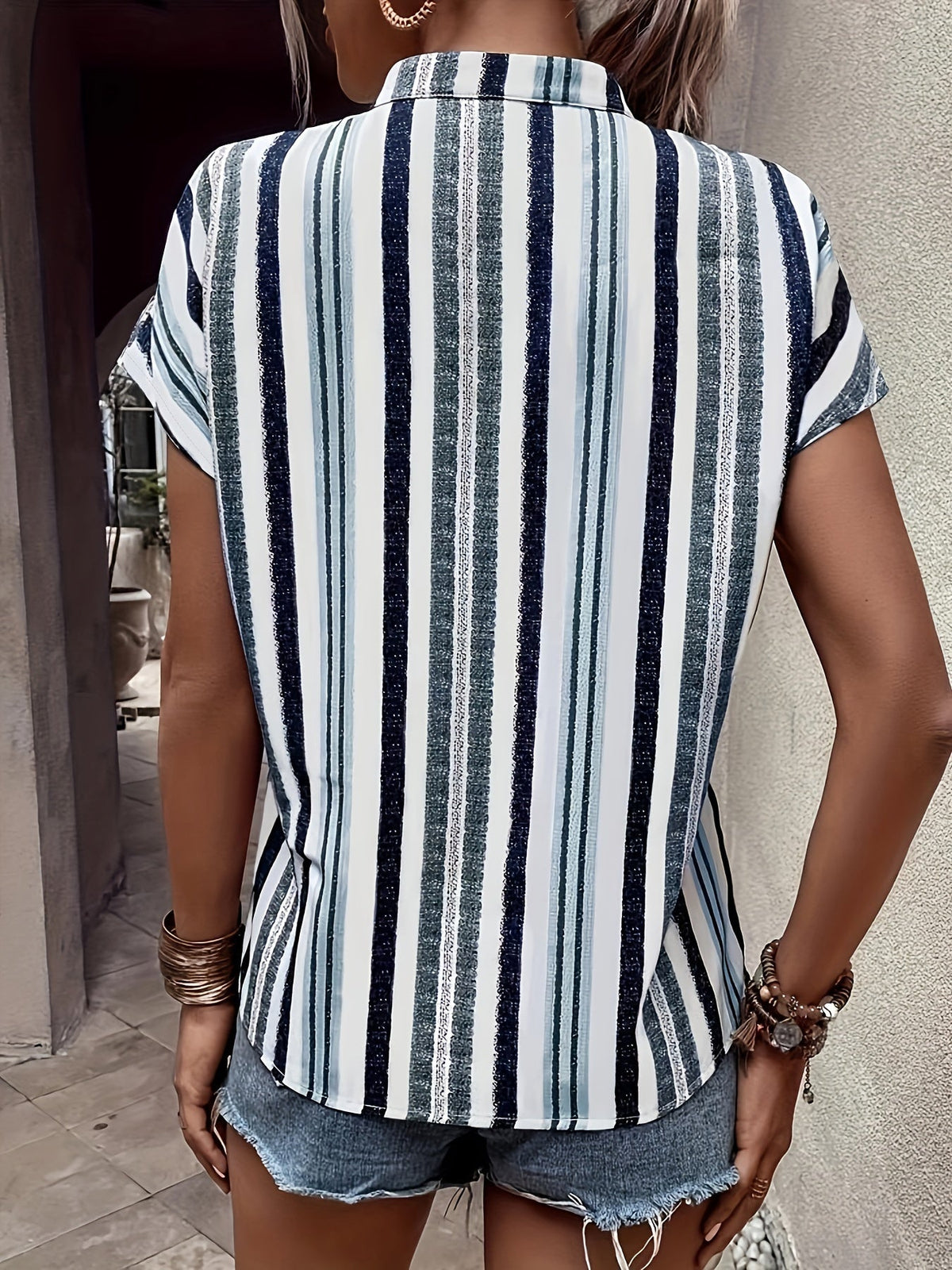Striped Print Notched Neck Blouse, Casual Short Sleeve Blouse