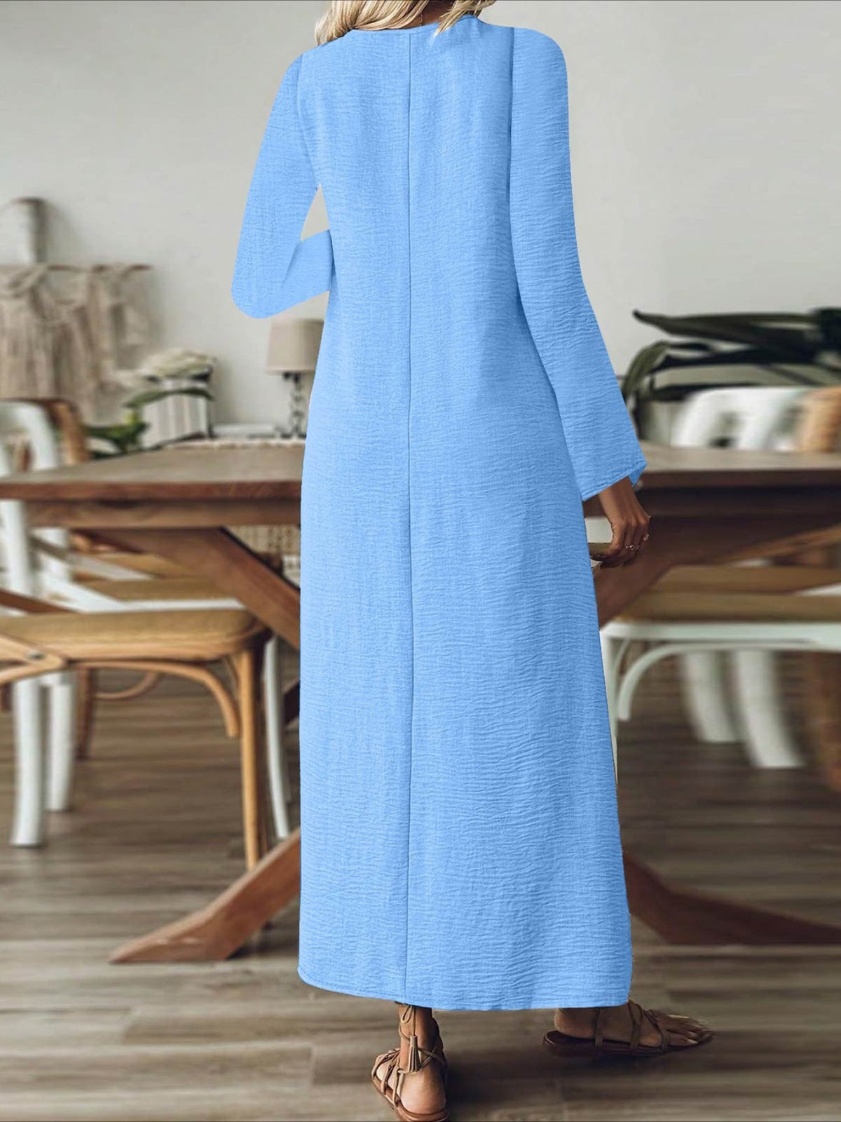 Back Zipper Solid Color Long Sleeve Cotton and Linen Dress
