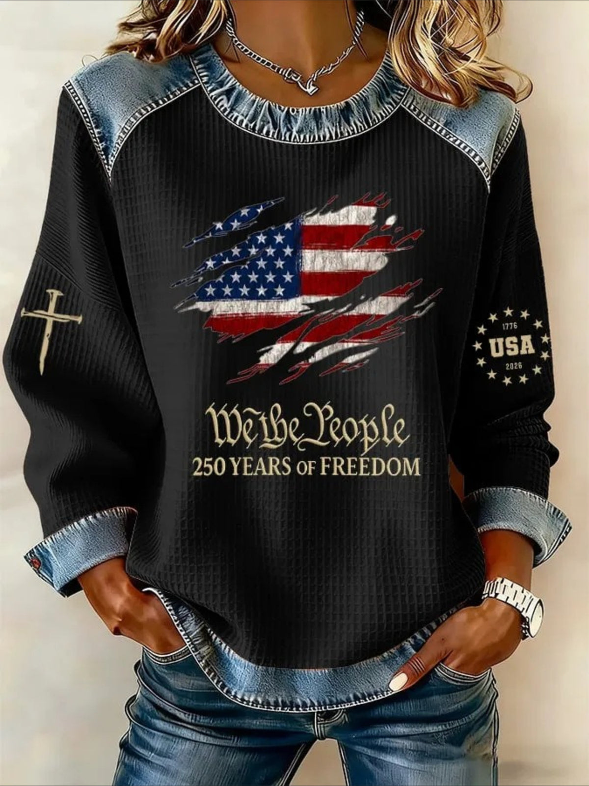 Denim Print Splicing Long Sleeve Crew Neck Sweatshirts