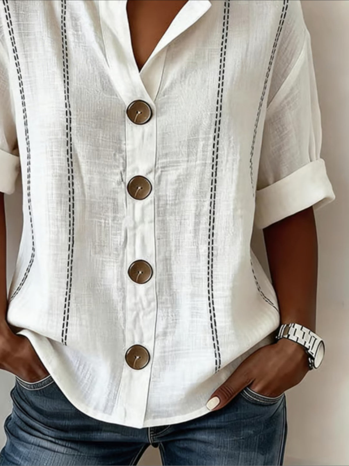 Strip Loose Stand Collar Simple Linen Blend Long Sleeve Shirt