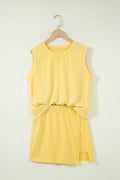 Yellow Cream Solid Color Washed Sleeveless Top Split Skort Cotton 2pcs Outfit