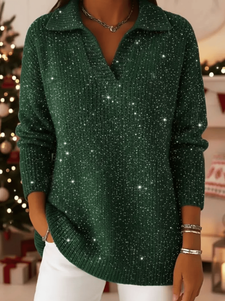 Gradient Color Party Polo Collar Shiny Loose Sweater Top