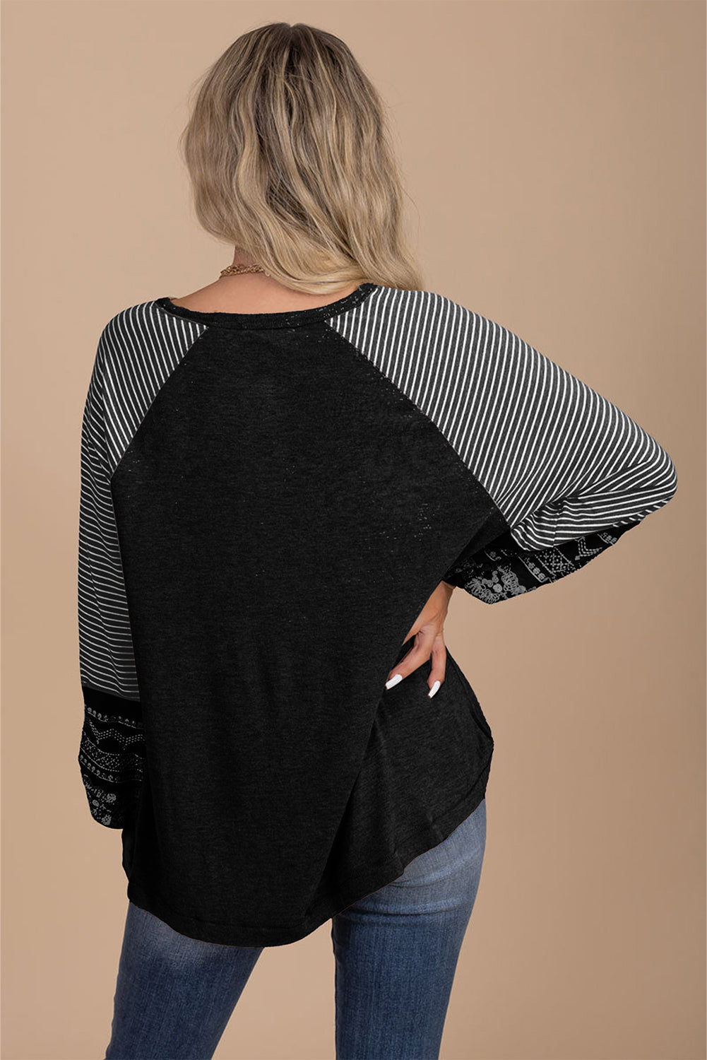 Black Contrast Print Striped Raglan Long Sleeve Loose Top