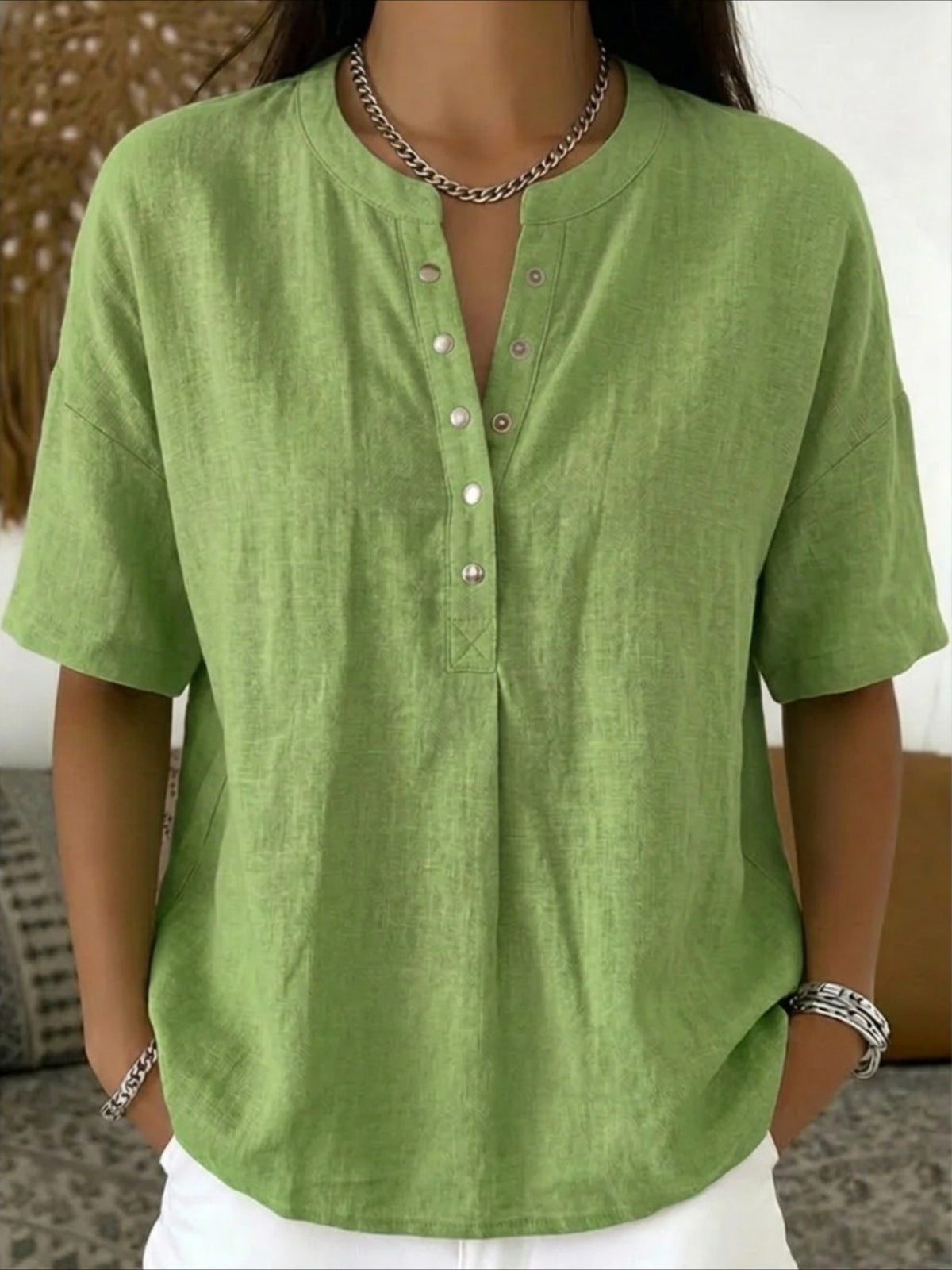 Cotton And Linen Round Neck Short Sleeve Button H-Line Daily Going Out Casual Loose Blouse