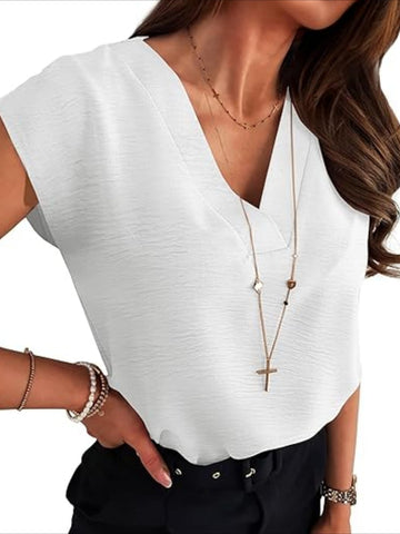 Plain V-Neck Batwing Short Sleeve Casual Loose Blouse