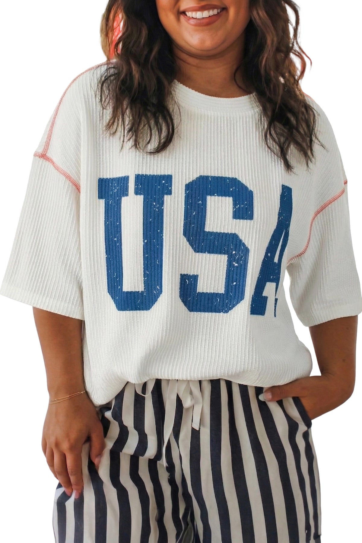 White Plus Size Twisted Rib Vintage USA Letter Printed T Shirt