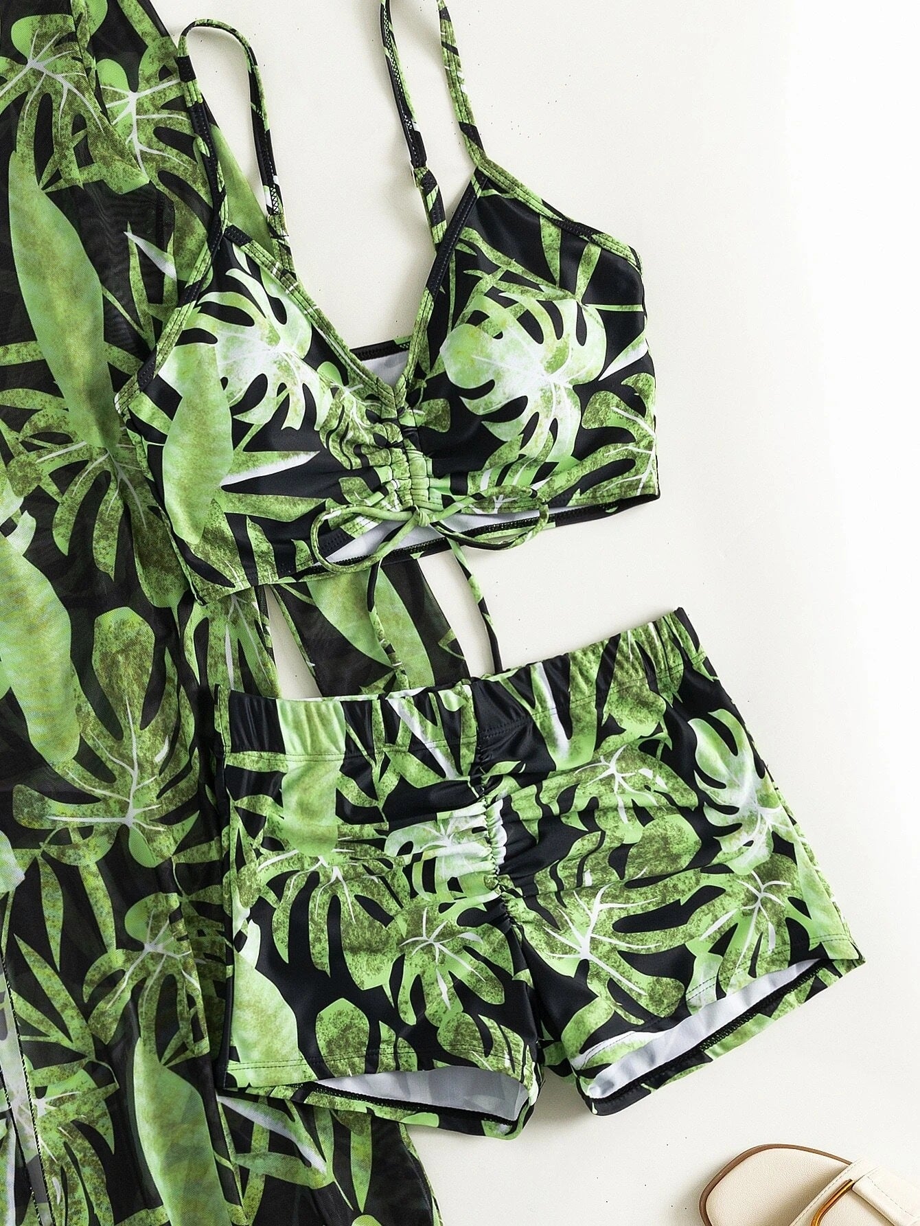 3pack Allover Print Drawstring Ruched Bikini Swimsuit