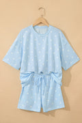 Sky Blue Polka Dot Short Sleeve Loose Top Drawstring Shorts Set