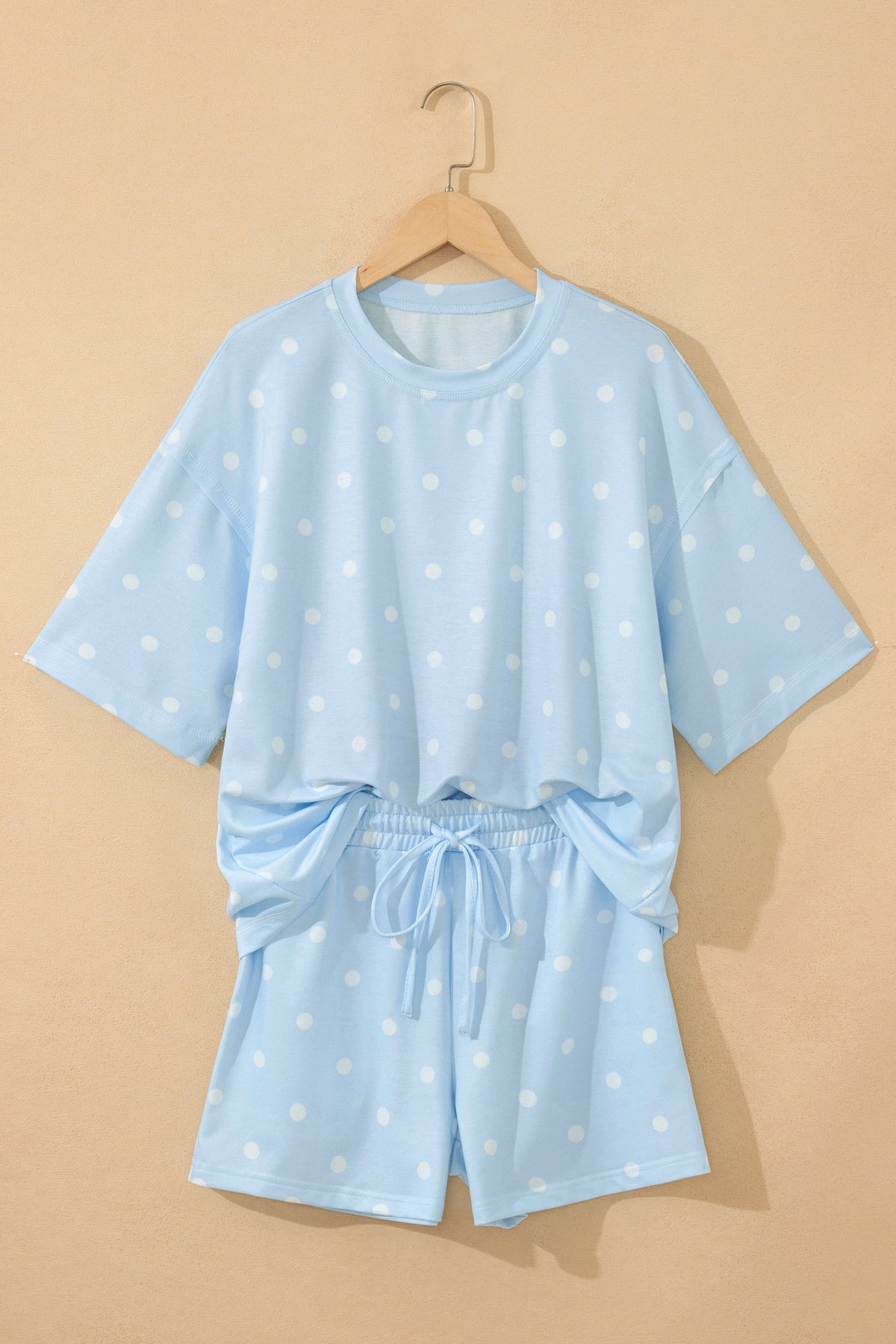Sky Blue Polka Dot Short Sleeve Loose Top Drawstring Shorts Set