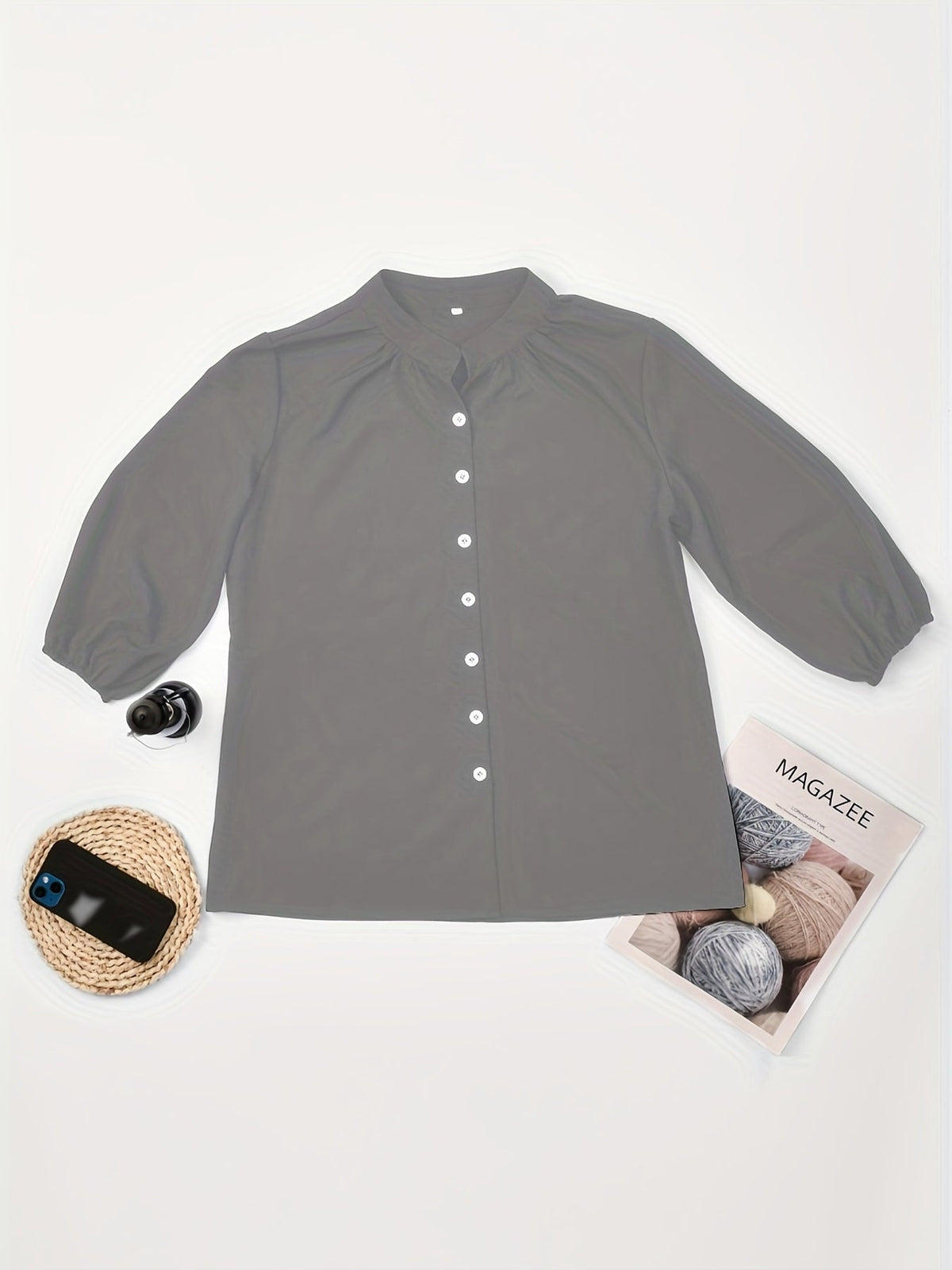 Solid Button Front Blouse, Casual Stand Collar Long Sleeve Blouse