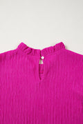 Rose Red Solid Color Textured Ruffle Trim Short Sleeve Blouse