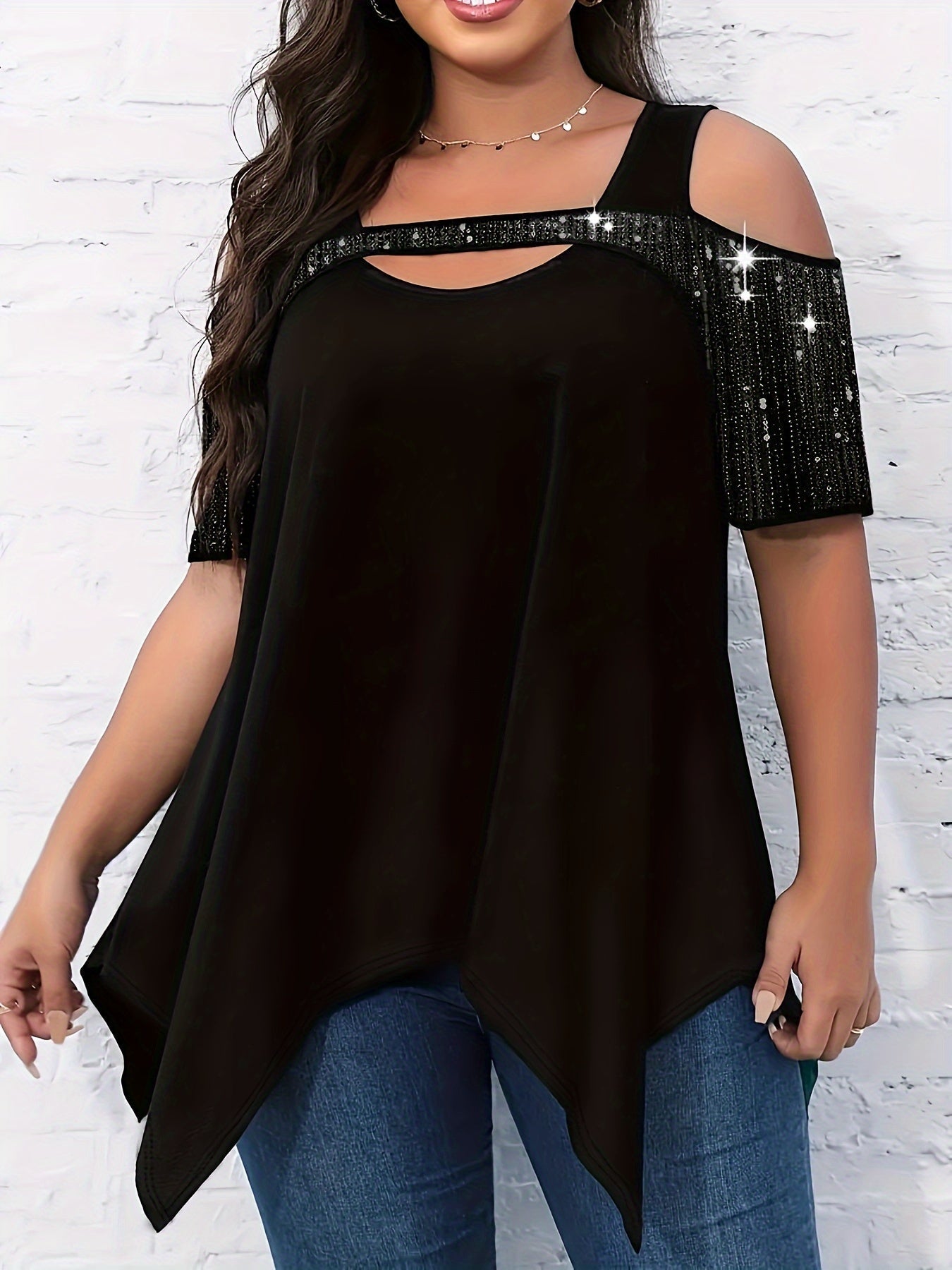 Casual Blouse, Women's Plain Rhinestone Cut Out Cold Shoulder Asymmetrical Hem Blouse
