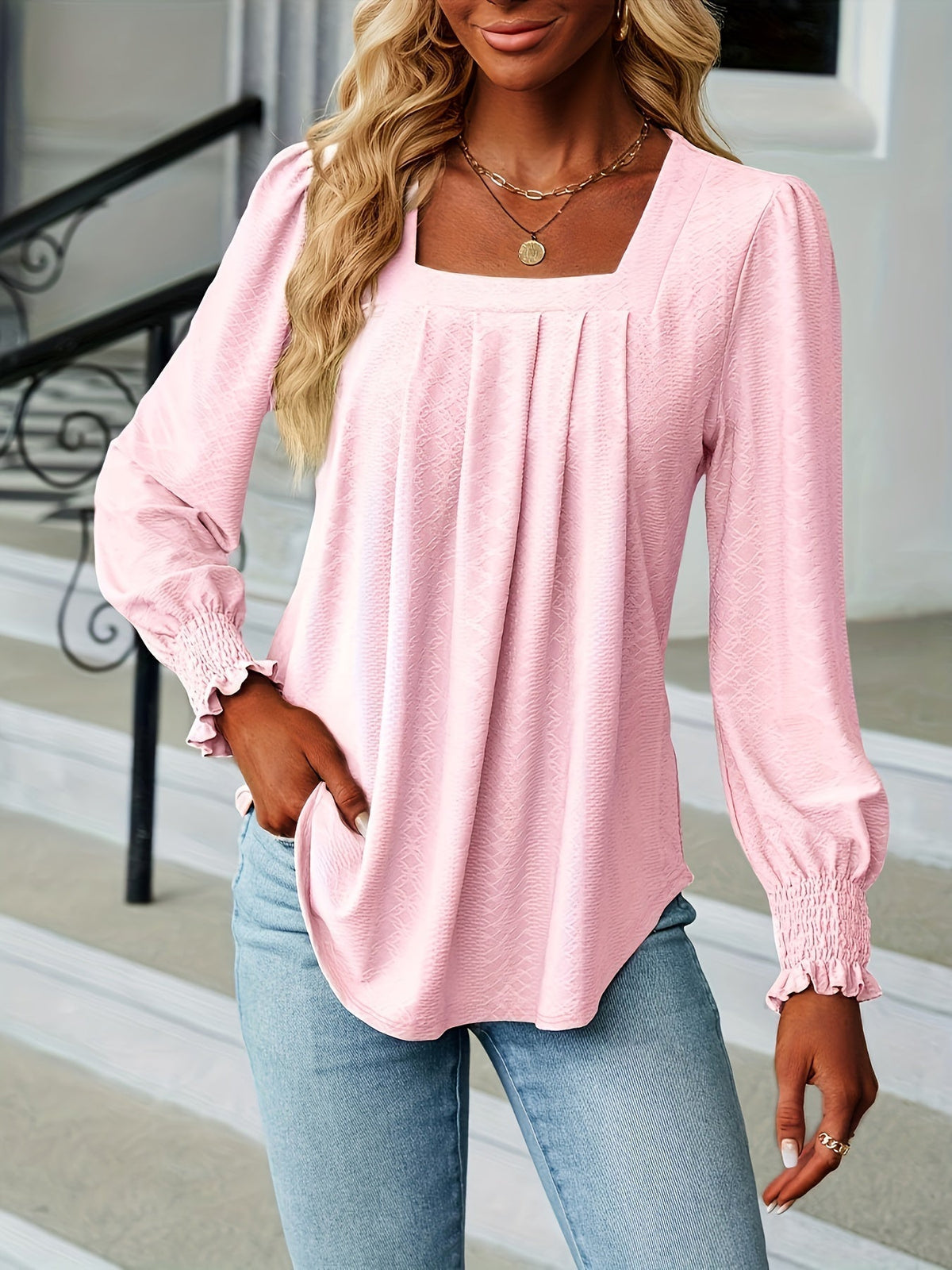 Elegant T-shirt, Women's  Argyle Textured Shirred Lantern Sleeve Square Neck Ruched Top