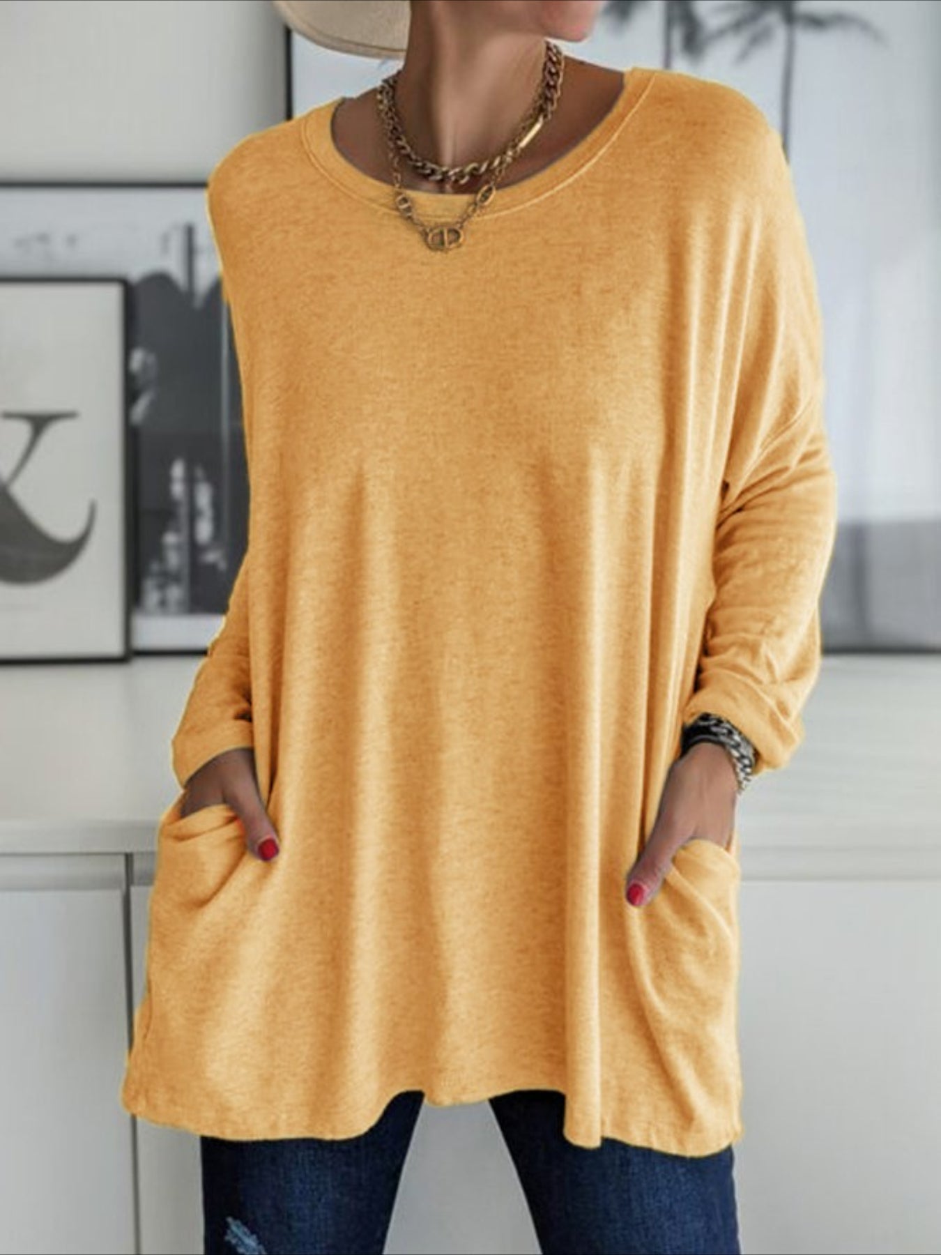 Solid Color Pocket Long Sleeve Crew Neck Top