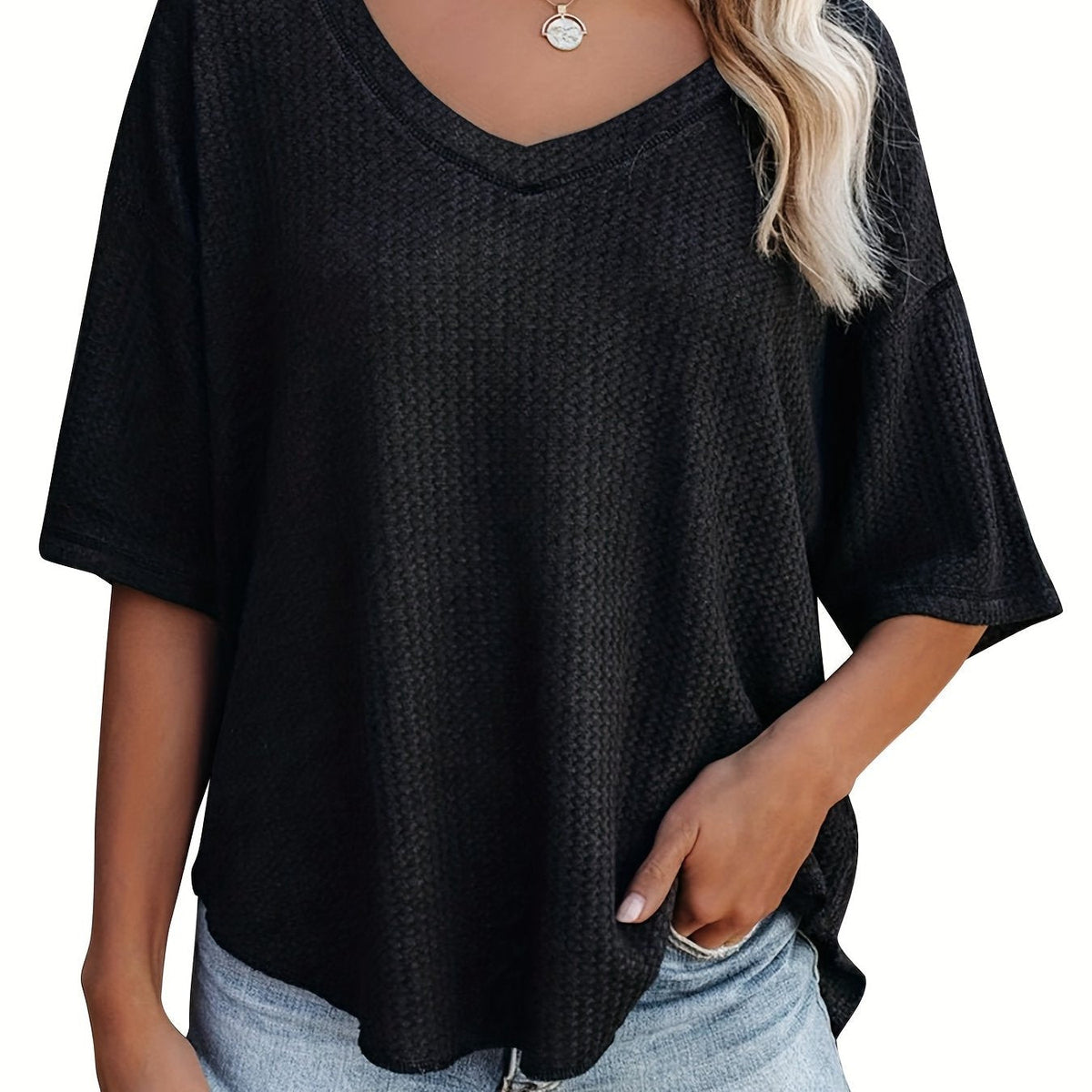 Solid Elegant V Neck T-Shirt, Drop Shoulder Casual Top