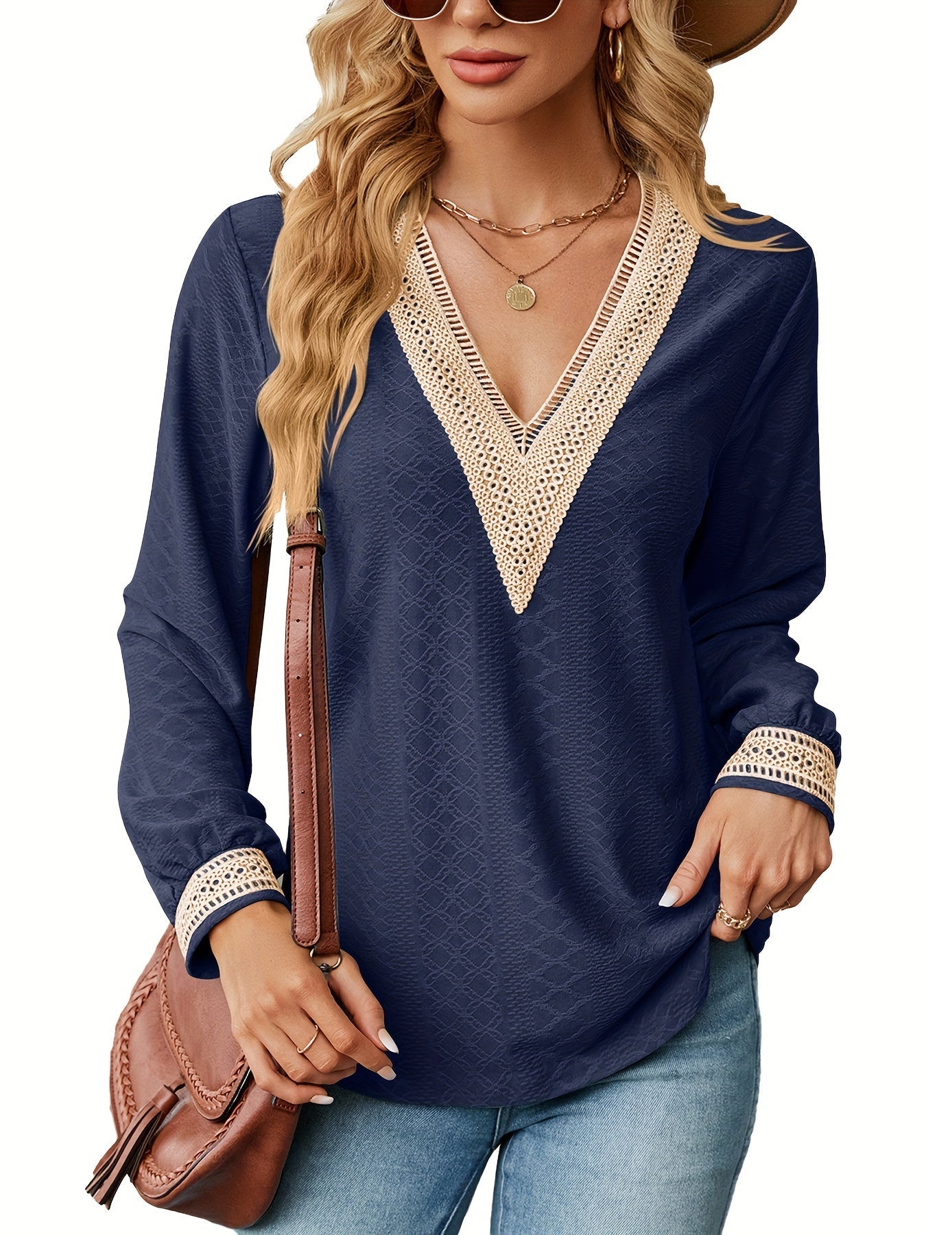 Casual Blouses Lace V Neck T Shirts Dressy Fall Long Sleeve Business Tunic Tops