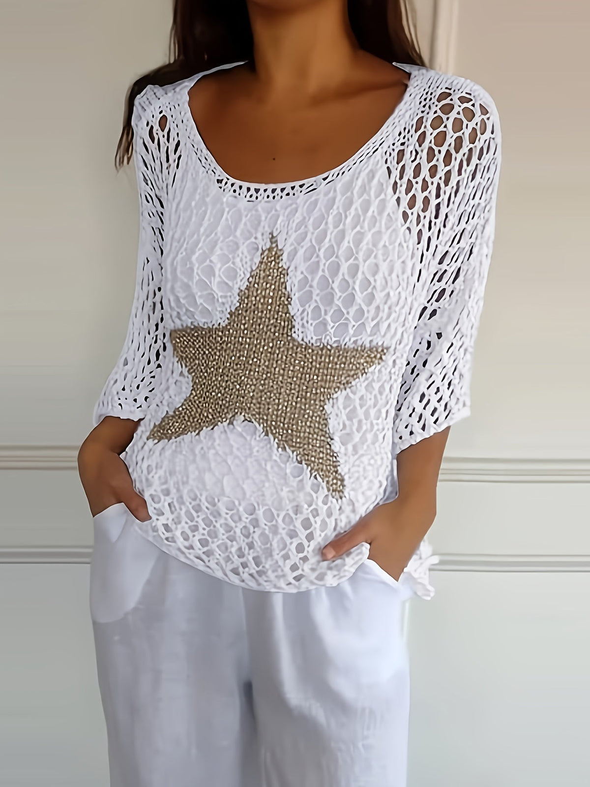 Loose Hollow Knit Star Cardigan Round Neck Sun Protection Shirt
