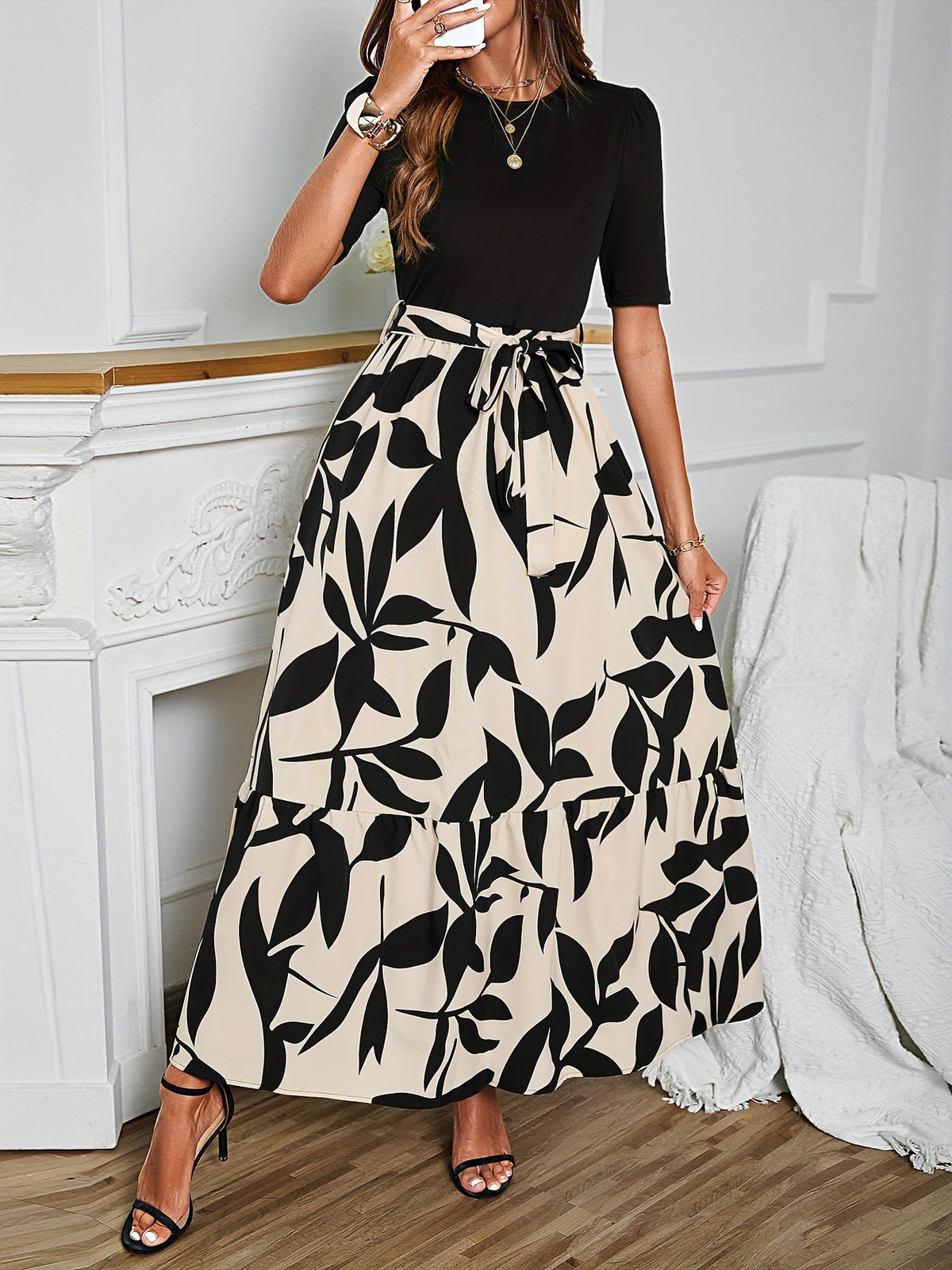 Floral Print Crew Neck Dress, Elegant Short Sleeve Dress