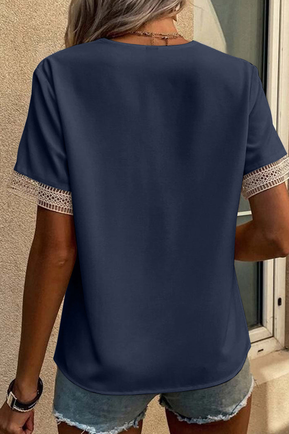 Blue Lace Trim V Neck Short Sleeve Blouse