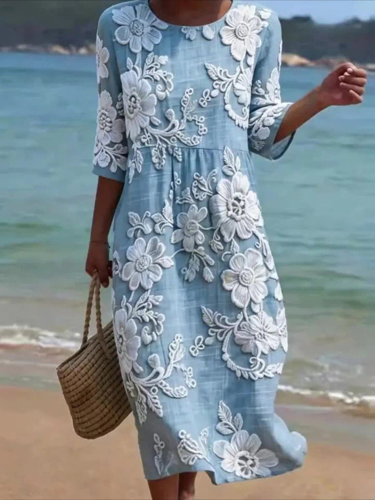 Flower Printed Casual Round Neck Mid Sleeve Dress