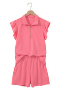 Coral Paradise Half Zipped Ruffled Short Set