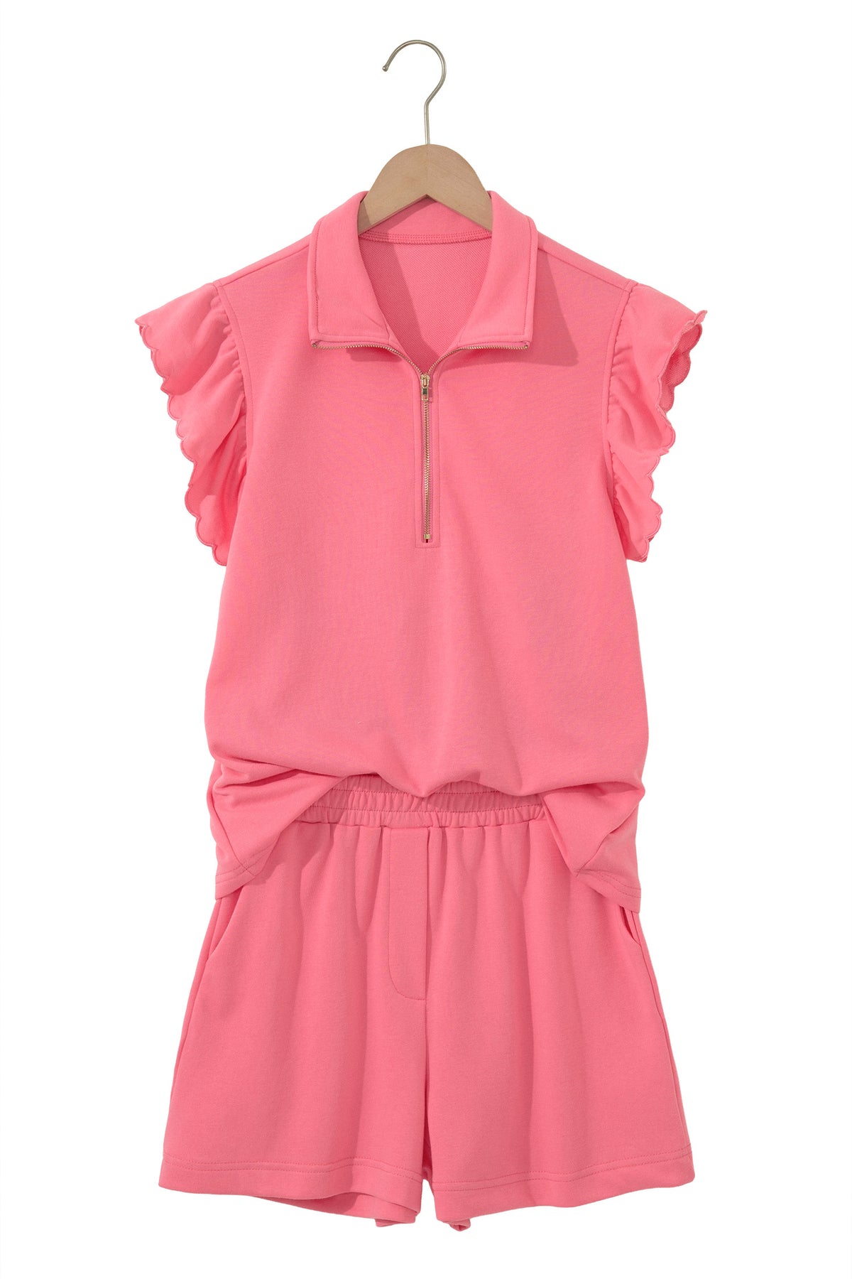 Coral Paradise Half Zipped Ruffled Short Set