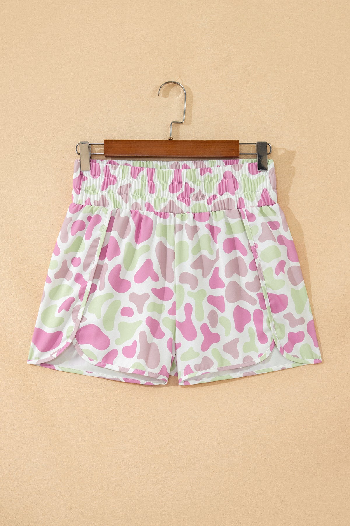 Green Camouflage Print Shirred High Waist Athleisure Shorts