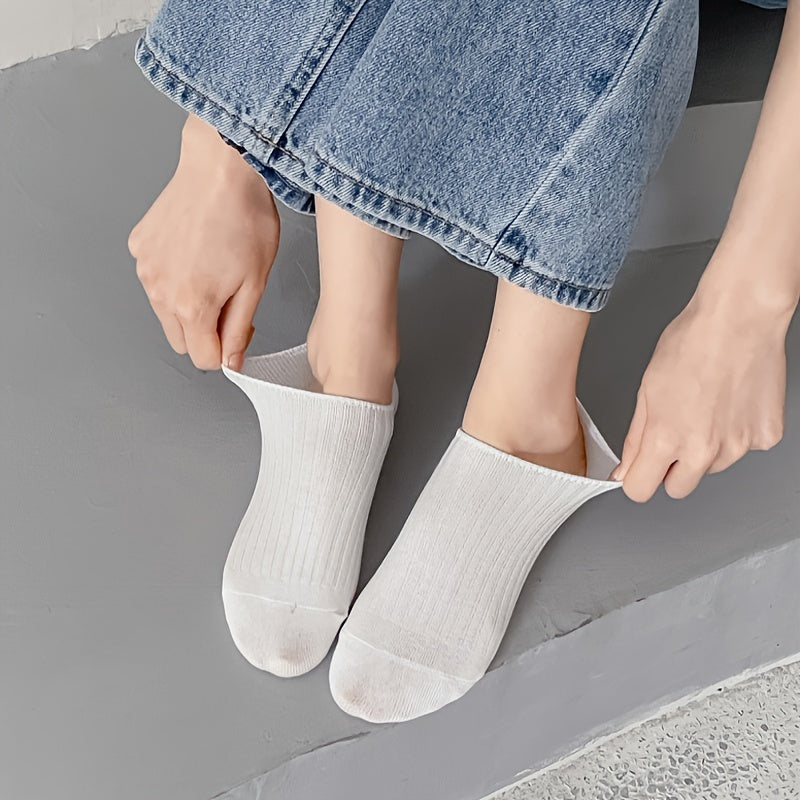 5 Pairs Solid Ribbed Socks, Casual & Comfy All-match Ankle Socks