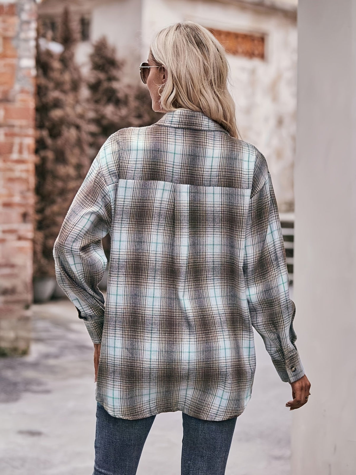 Plaid Print Polo Collar Button Shirt, Casual Long Sleeve Shirt