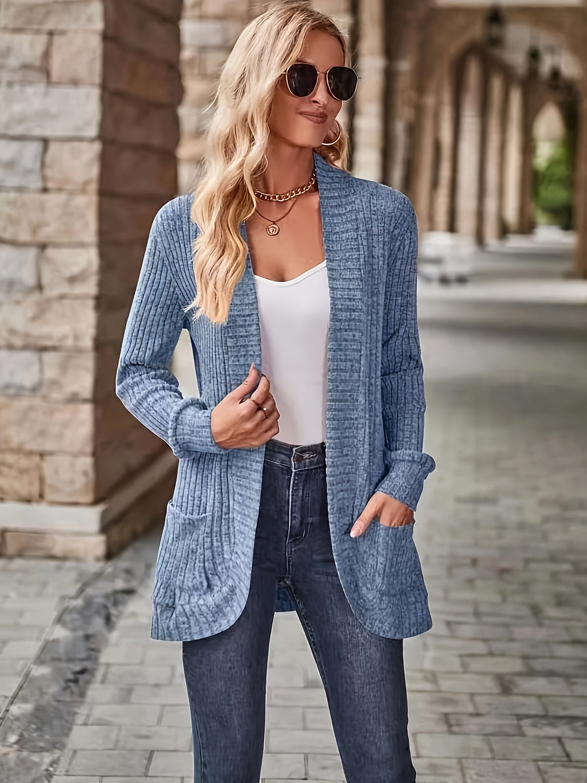 Solid Open Front Cardigan, Casual Long Sleeve Drop Shoulder Outwear