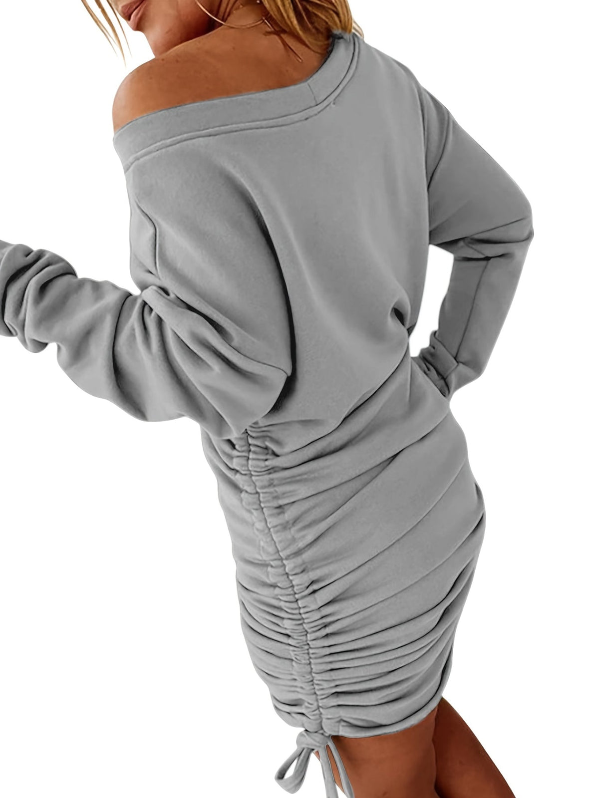 Solid Drawstring Pullover Sweatshirt Dress, Casual Ruched Long Sleeve Sweatshirt Dress